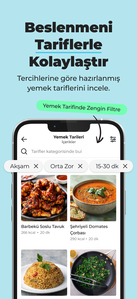 Tela do aplicativo móvel mostrando receitas saudáveis de comida mediterrânea com filtros de pesquisa por dificuldade e tempo de preparo