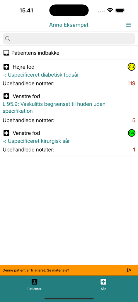 Clinical dashboard for wound management showing patient records for diabetic foot ulcers and untreated notes