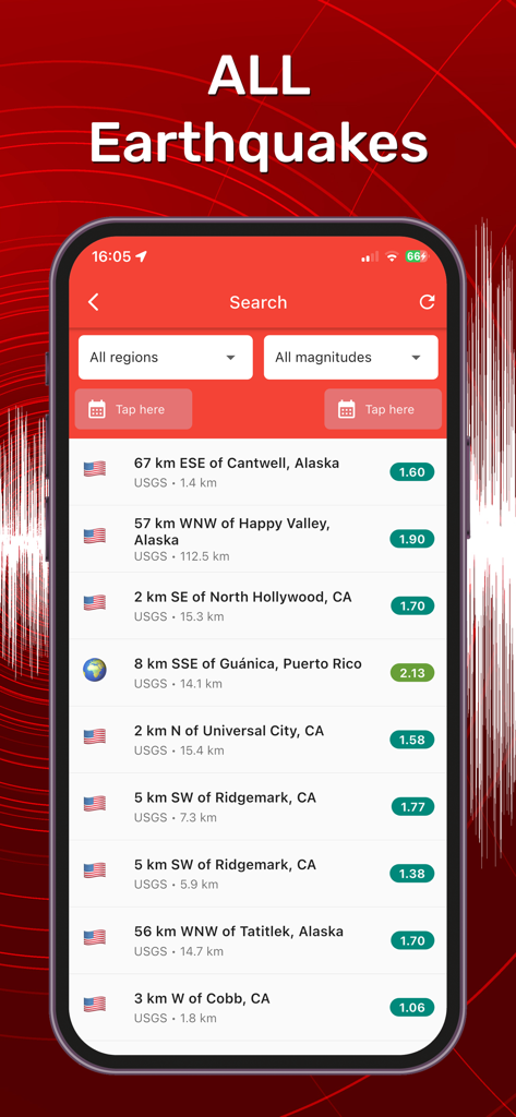 최신 지진 앱 검색 화면에 표시되는 규모와 위치 데이터가 포함된 최근 전 세계 지진 목록