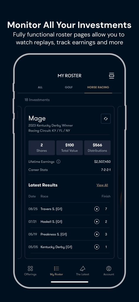 CMNWLTH - CMNWLTH app interface showing a horse racing investment roster with race results and earnings