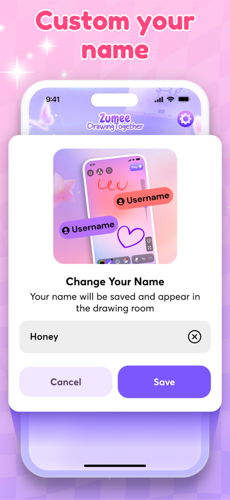 Zumee - Lockscreen Drawing - A mobile interface showing the name customization screen in the Zumee app with a cute pink and pastel aesthetic.