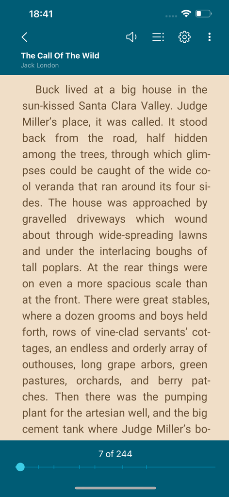 ReadEra E-Book-Reader-Oberfläche, die eine Seite von The Call of the Wild mit Lesesteuerungen anzeigt