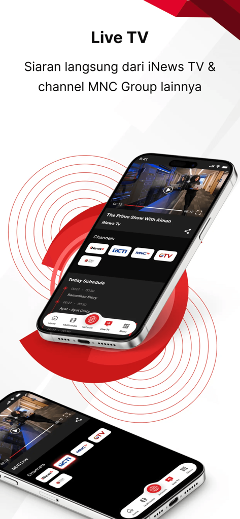 iNews.id app Live TV feature showing Indonesian news and entertainment channels