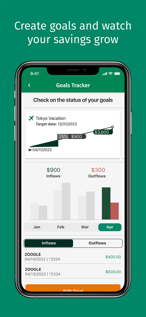 Citizens Bank mobile app savings goals tracker showing progress for a vacation fund with inflow and outflow charts