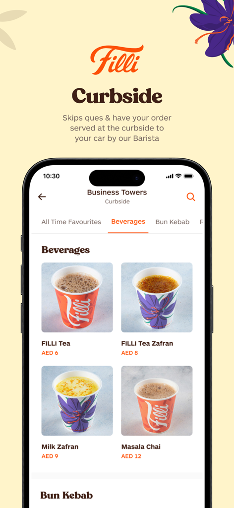 FiLLi - FiLLi mobile app screen displaying the tea menu and curbside pickup service information