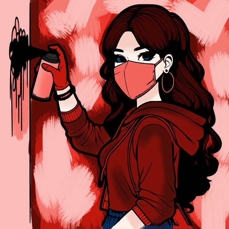 realistic girl with mask spray painting a wall