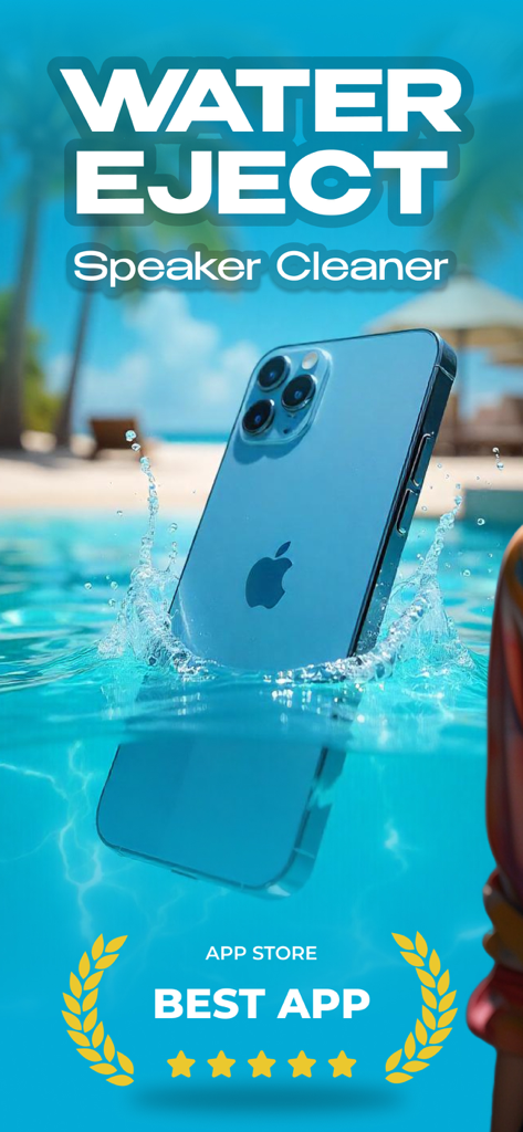 Water Eject: Speaker Cleaner S - iPhone splashing in a swimming pool showing Water Eject Speaker Cleaner app