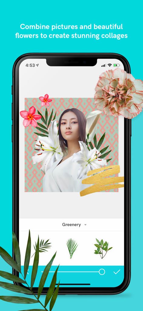 Picolla - Be Bohemian - Smartphone screen showing a bohemian style photo collage being edited with floral stickers and a patterned background in the Picolla app.