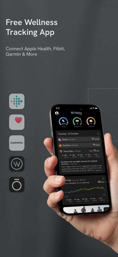 fitMetrics: Health Tracker - fitMetrics health app interface displayed on a smartphone showing integrated fitness metrics