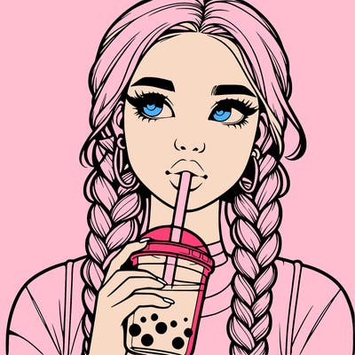 realistic girl with braided hair drinking boba