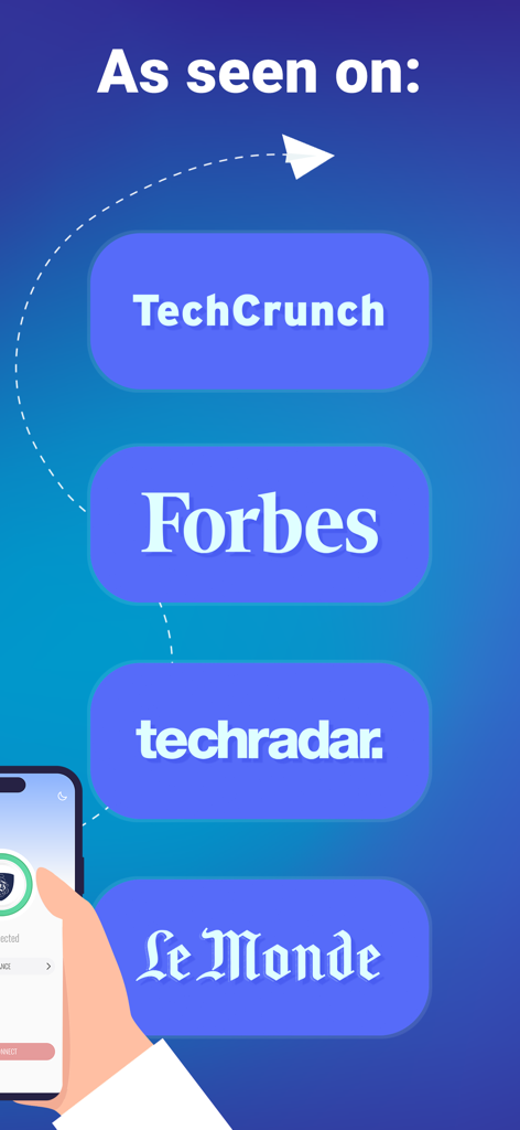 Le VPN: Fast & Secure - Le VPN app featured in major media outlets including TechCrunch, Forbes, techradar, and Le Monde.