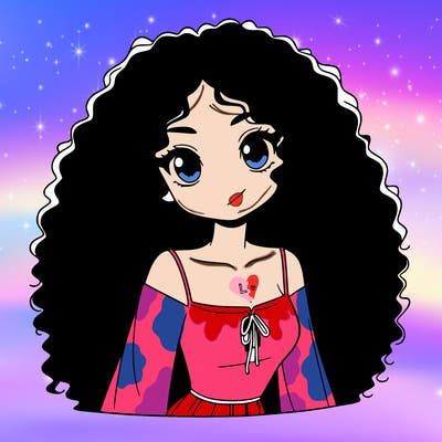 a black anime girl with long afro hair