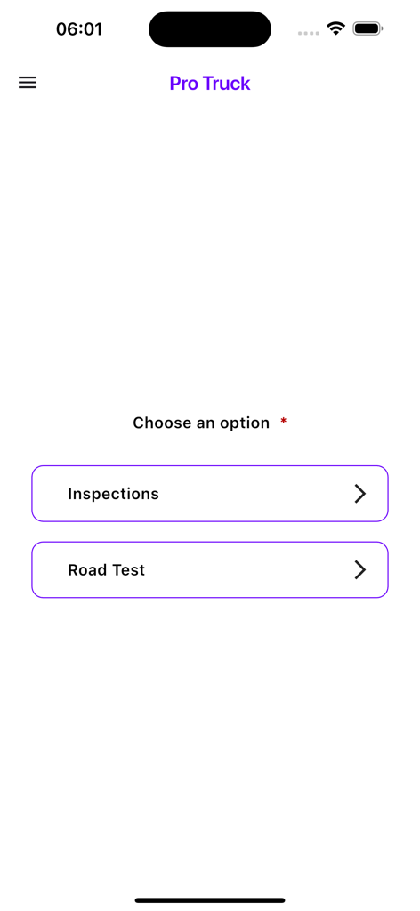 Startbildschirm der Pro Truck App mit Schaltflächen für Inspektionen und Straßentests
