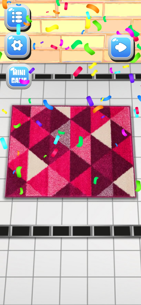 A clean geometric pink and purple rug on a tiled floor with colorful confetti falling after completing a level in the Carpet Cleaning ASMR game.