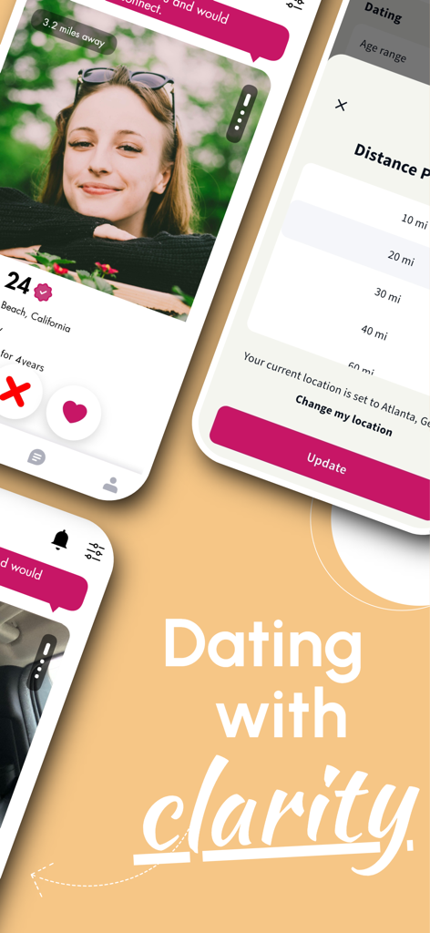 Celibate - Date with Intention - Celibate dating app interface showing a user profile and distance settings with the slogan Dating with clarity