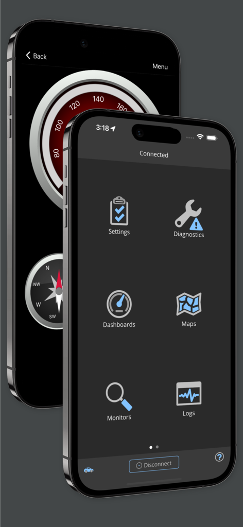OBD Fusion - OBD Fusion mobile app showing the main menu icons and a custom vehicle dashboard gauge.
