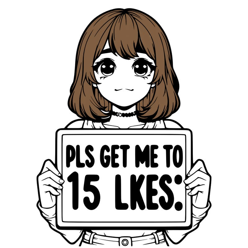 realistic girl holding up a sign that says “pls get me to 15 likes!”
