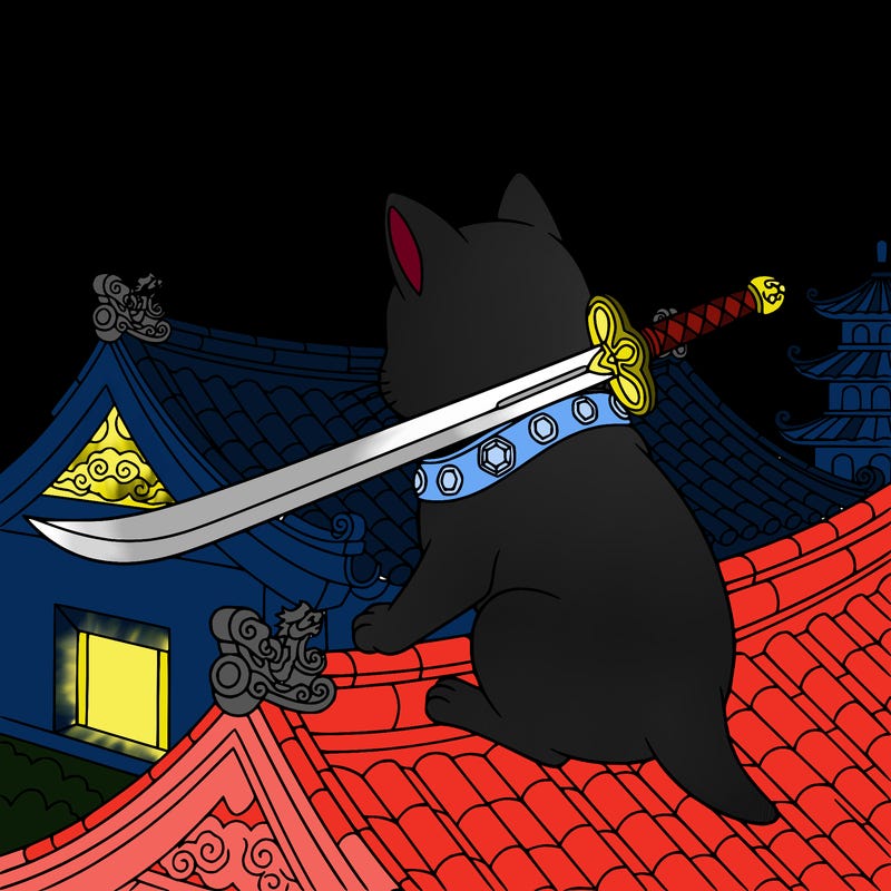 cat with a diamond collar and a sword in its mouth standing on a chinese house roof