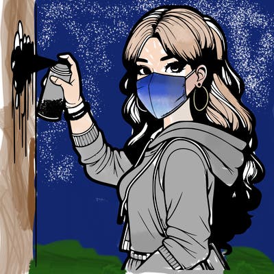 realistic girl with mask spray painting a wall
