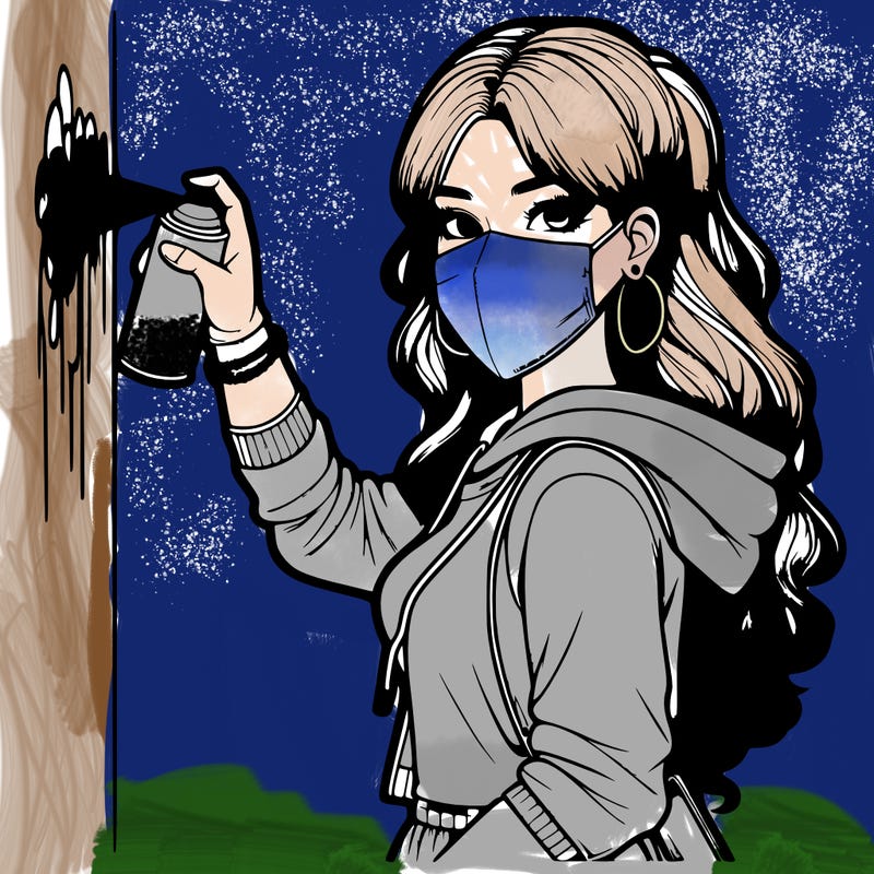 realistic girl with mask spray painting a wall