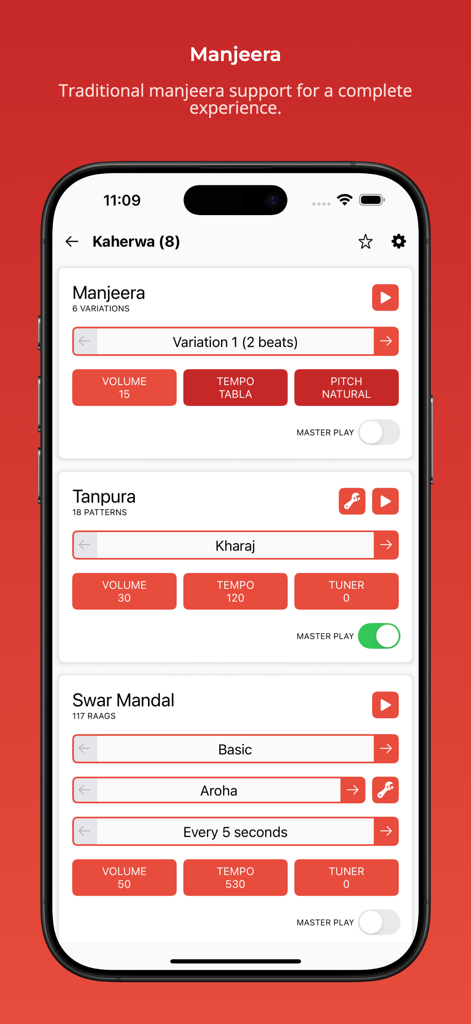 Interface of the Rhythm with Tabla and Tanpura app showing control settings for Manjeera, Tanpura, and Swar Mandal.