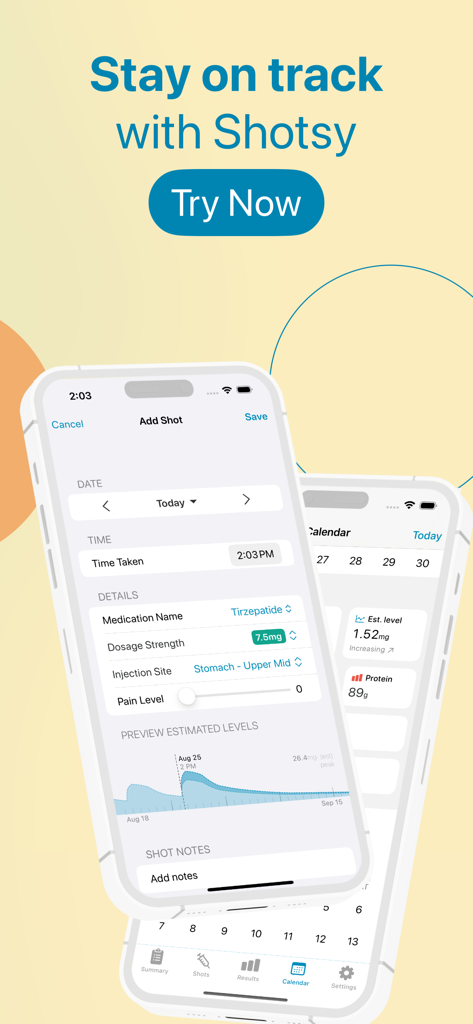 Shotsy - GLP-1 Tracker - Écran promotionnel de l'application Shotsy montrant l'enregistrement des médicaments pour les injections GLP-1 et les graphiques de progression de la santé sur un iPhone.