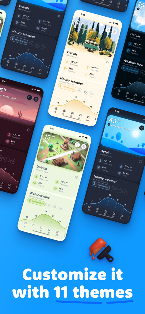 Overdrop - Weather & Widgets - Overdrop weather app interface showing multiple colorful and minimalist design themes