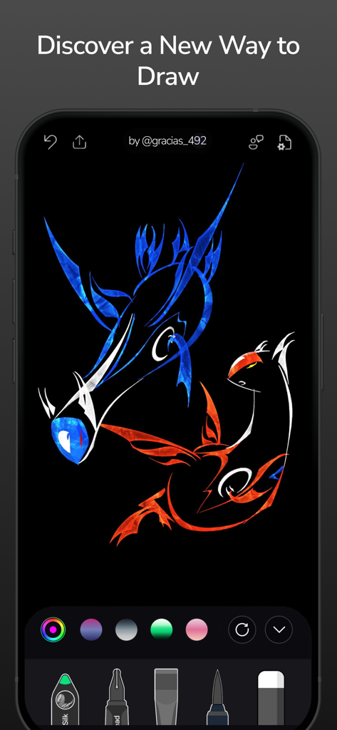 Smartphone screen showing the Flowpaper drawing app with colorful stylized creatures and creative tools.