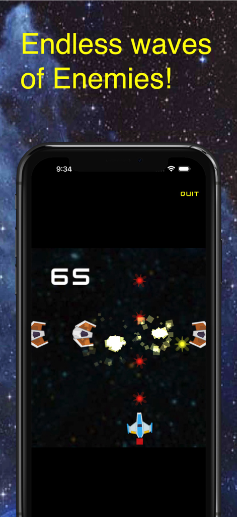Jupiter Attack - An iPhone screen displaying a retro space shooter game with a blue spaceship fighting waves of enemy vessels in a star-filled background
