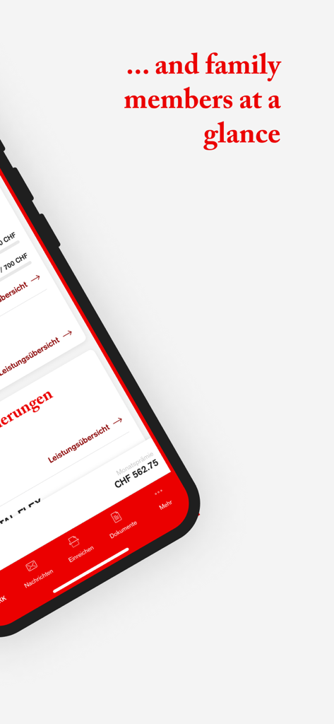 myOKK 앱의 모바일 화면으로 가족 보험 세부 정보 및 보험료 비용을 표시합니다.