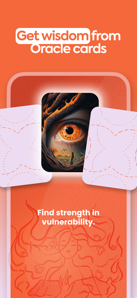 Antistress LINA app screen showing Oracle cards for self-discovery and the message find strength in vulnerability