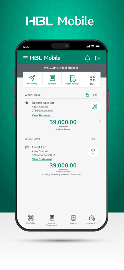 Main dashboard of HBL Mobile app showing account balances and quick navigation icons for money transfer and payments