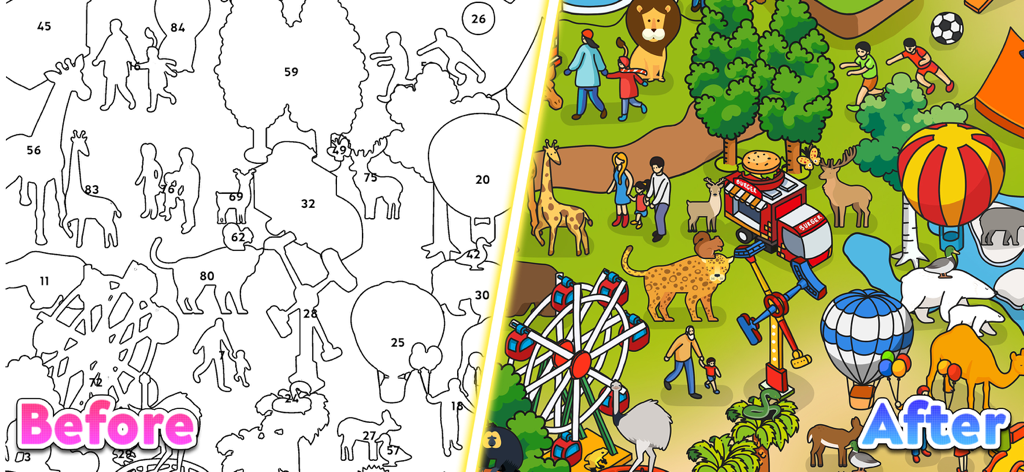 Stickers Diary - ASMR puzzle - Before and after view of a completed sticker by number puzzle scene