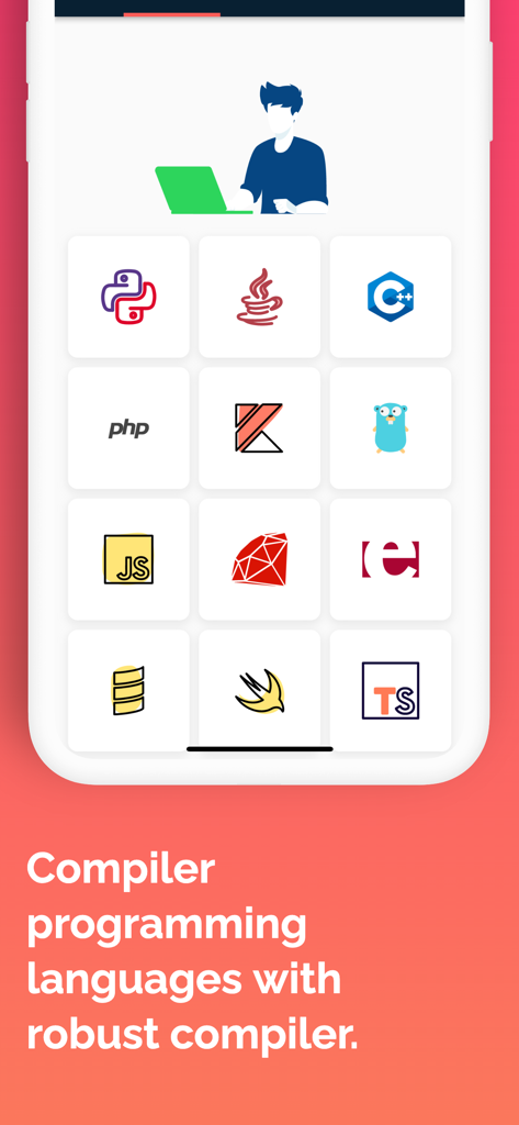 Learn To Code Offline - Coding - Interface do aplicativo de codificação mostrando ícones de várias linguagens de programação e compiladores