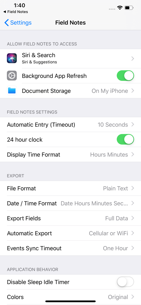 Settings screen of the Timestamped Field Notes app showing configuration options for data export, time formats, and application behavior.