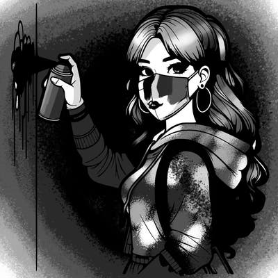 realistic girl with mask spray painting a wall