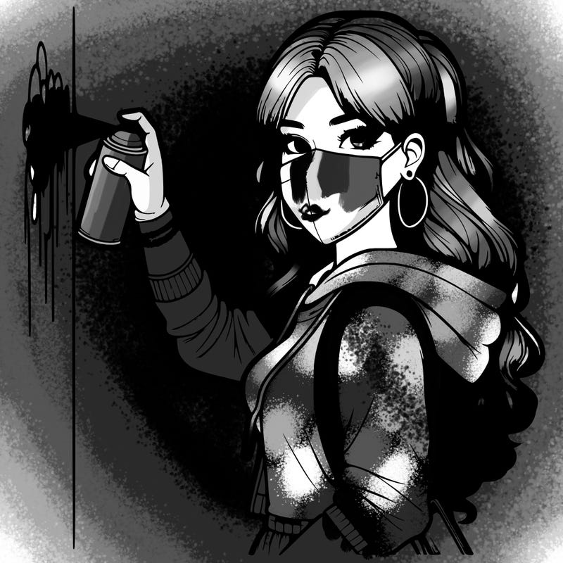 realistic girl with mask spray painting a wall