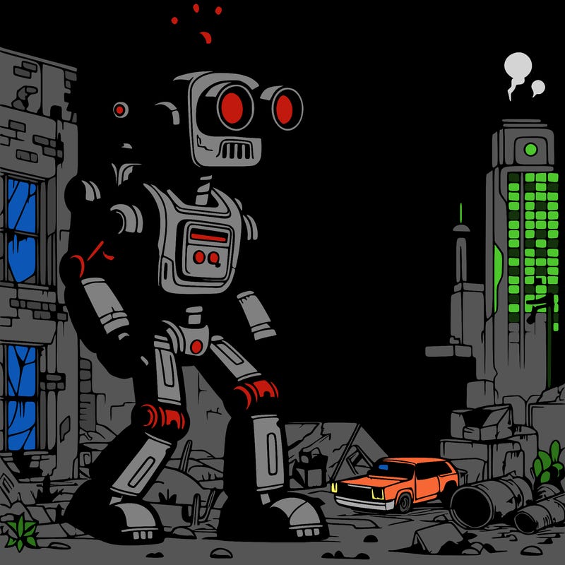 robot exploring a post-apocalyptic cityscape