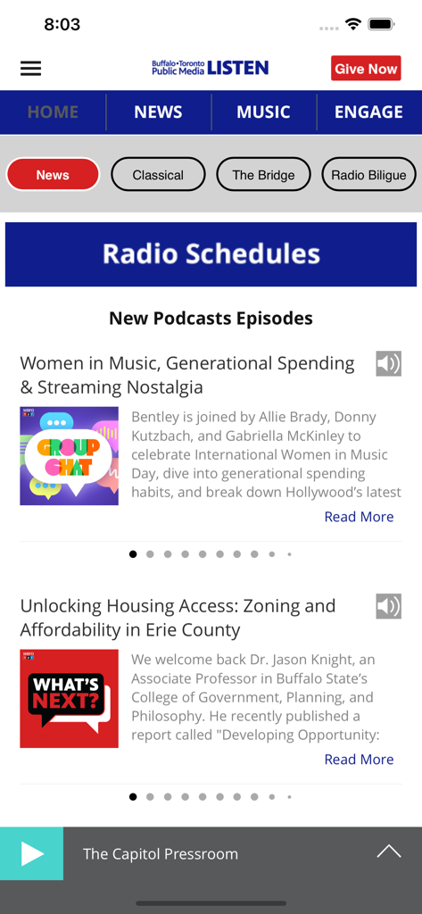 The home screen of the BTPM Listen app displaying radio schedules and new podcast episodes.