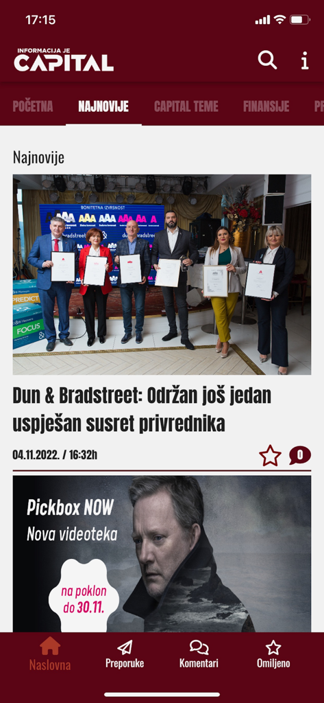 Interfaz de la aplicación móvil Portal Capital mostrando titulares de noticias económicas y empresariales en serbio