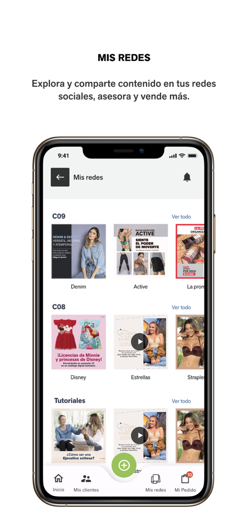Negocio Leonisa mobile app screen displaying social media marketing images and tutorial videos for independent sellers