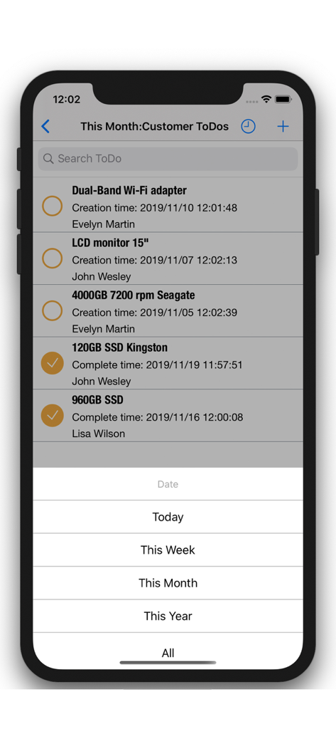 Customer Management - Contacts - Écran d'iPhone montrant la liste des tâches des clients avec le statut des tâches et les filtres de date
