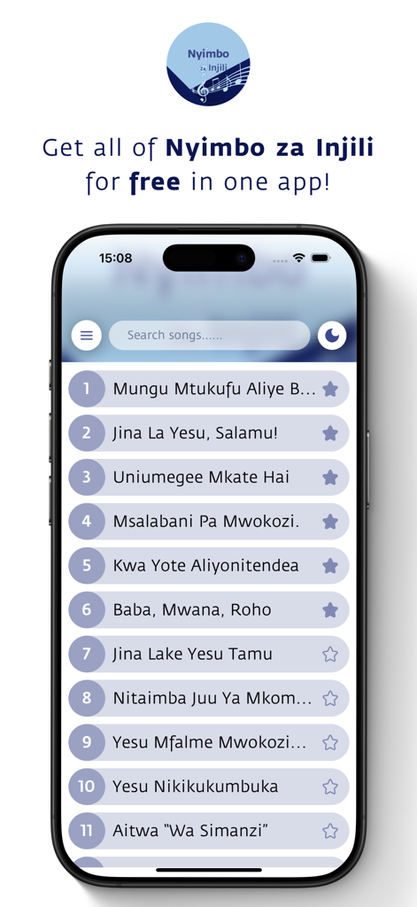Nyimbo za Injili (MPYA) - A list of Swahili gospel hymns displayed on the Nyimbo za Injili mobile app interface