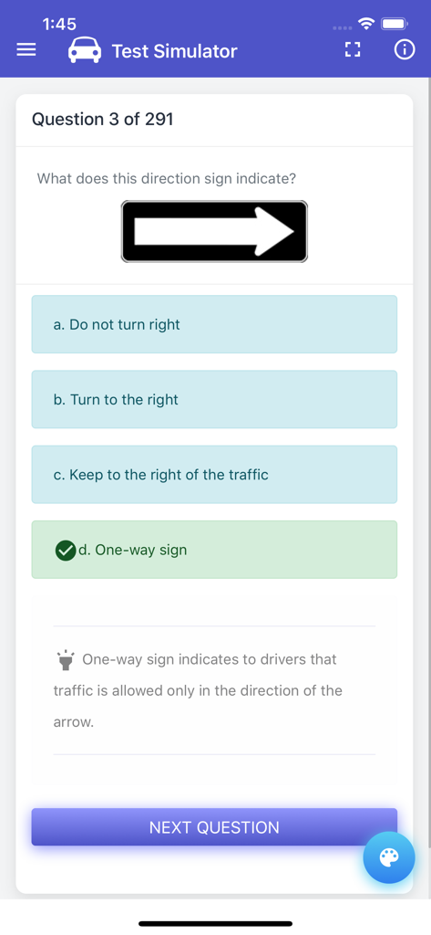 Quebec Class 5 Driving Test - Question pratique sur l'application Quebec Class 5 Driving Test concernant un panneau de signalisation de rue à sens unique.