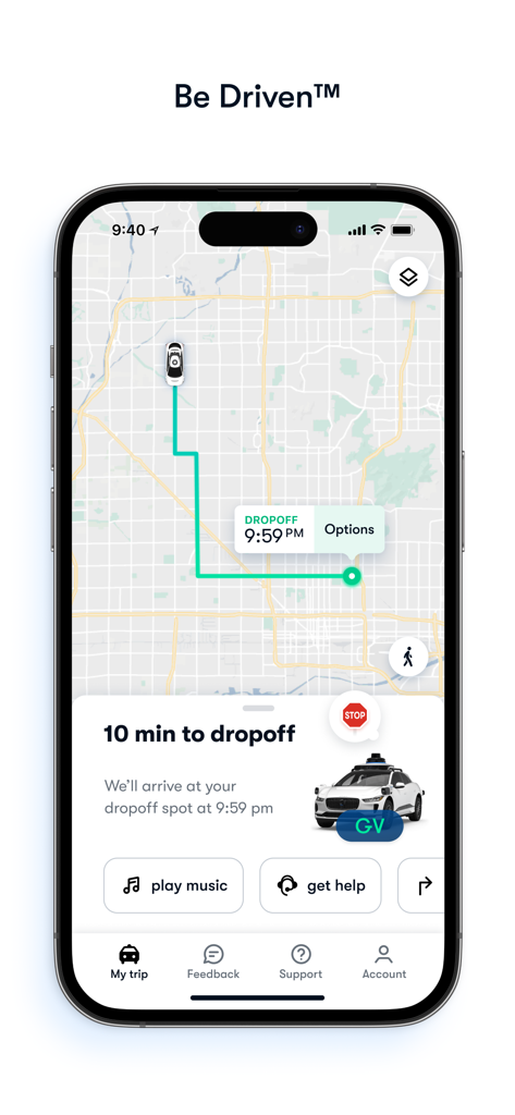 Waymo mobile App-Oberfläche zeigt eine Echtzeit-Fahrtverfolgungskarte und die Ankunftszeit