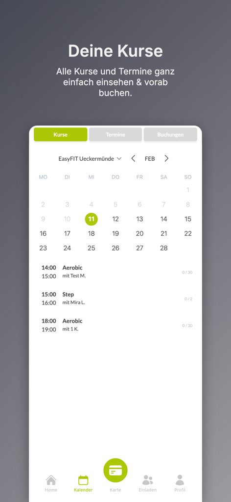 EasyFIT - O cronograma de aulas e a visualização de calendário do aplicativo de fitness EasyFIT mostrando aulas futuras como aeróbica e step.