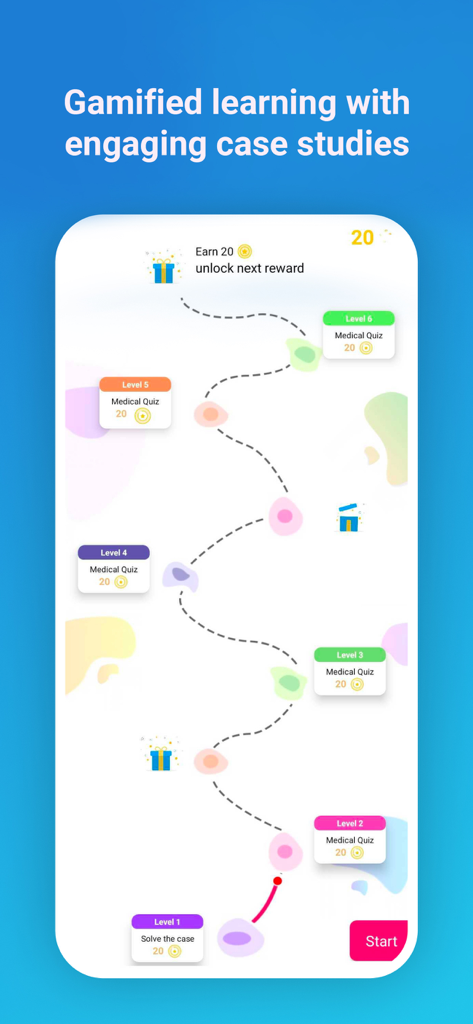 OC Doctor - A gamified learning path in the OC Doctor app featuring medical quizzes and case studies across multiple levels.
