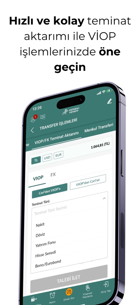 Osmanlı Mobil - Osmanli Mobil app interface showing the VIOP and FX collateral transfer screen on a smartphone.