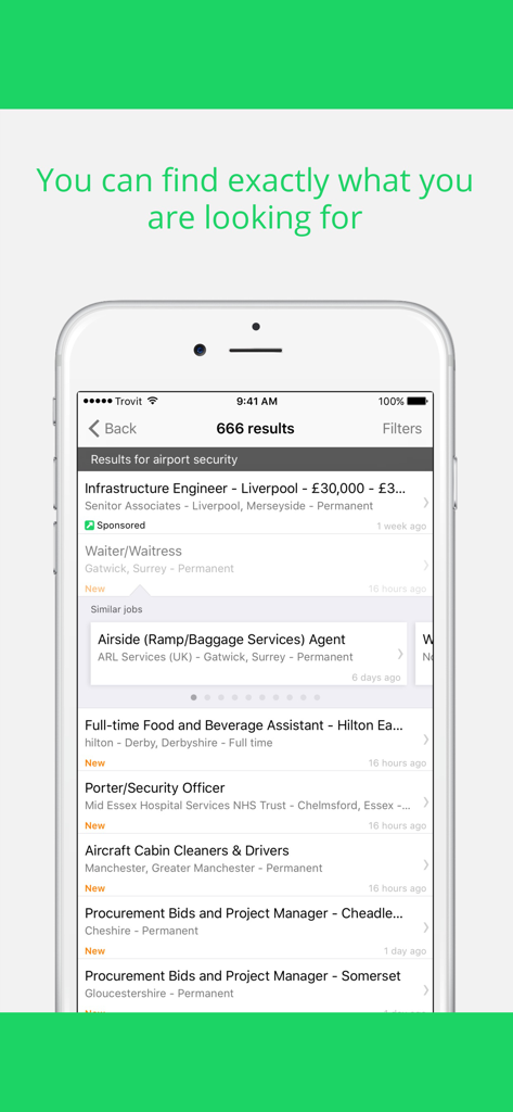 Trovit Jobs - Una pantalla móvil de la aplicación Trovit Empleo que muestra una lista de resultados de búsqueda de empleo que incluyen títulos de puestos, ubicaciones y fechas de publicación.
