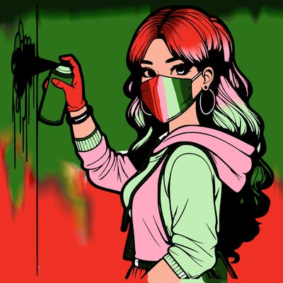 realistic girl with mask spray painting a wall